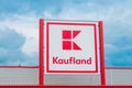 Kaufland logo close up shot, one of the main grocery stores in Romania.