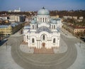 Kaunas Cityscape with Famous Church in Laisves Avenue. Soboras. St. Michael the Archangel Churc