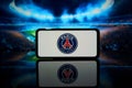 France Football league Ligue 1 team Paris Saint german logo on screen