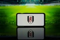 Logo of English Premier League championship club Fulham on screen Royalty Free Stock Photo