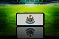 Logo of English Premier League championship club Newcastle United on screen Royalty Free Stock Photo