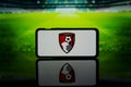 Logo of English Premier League club Bournemouth on screen Royalty Free Stock Photo