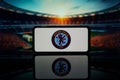 Logo of English Premier League club London Chelsea on screen Royalty Free Stock Photo