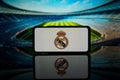 Spanish Football league LaLiga team Real Madrid logo on screen Royalty Free Stock Photo