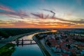 Kaunas old town, Lithuania. Aerial view of a colorful summer sunset over city Royalty Free Stock Photo