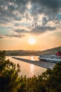 Kavala city principal touristic seaport of eastern Macedonia Greece panoramic view from Imaret, sunset colors, Hellenic seaways