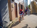 Kawagoe, Japan - May 14, 2017: Group children biking to school, in Kawagoe, Japan