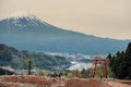 Kawaguchi Asama Shrine with red torii gate and Mt.Fuji at dusk Royalty Free Stock Photo