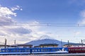 Kawaguchiko, Japan, 22 Nov. 2016 : Fuji train , Fujikyu Railway and locus train parking at Kawaguchiko Station and Mount Fuji