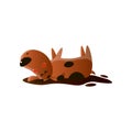 Kawai brown cartoon dog wallowing in mud puddle isolated on white background