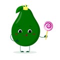 Kawai cute avocado fruit cartoon character in a crown with a lollipop. Logo, template, design. Vector illustration, flat style Royalty Free Stock Photo