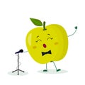 Kawai cute fruit green apple singer with a bow tie sings into the microphone. Cartoon style character. Logo, template