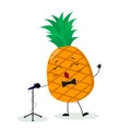 Kawai cute fruit a pineapple singer with a bow tie sings into the microphone. Cartoon style character. Logo, template