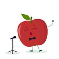 Kawai cute fruit red apple singer with a bow tie sings into the microphone. Cartoon style character. Logo, template