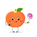 Kawai cute peach fruit cartoon character in a crown with a lollipop. Logo, template, design. Vector illustration, flat style