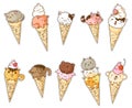 Kawai ice-cream with cute animal mascot icon set Royalty Free Stock Photo