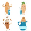 Kawaii almond milk concept for kids healthy drink dairy alternative concept. Illustration of cute nut cartoon characters