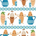 Kawaii almond milk vector seamless pattern background. Cute muscle flexing and juggling nut cartoons with drinking