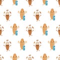 Kawaii almond milk vector seamless pattern background. Cute muscle flexing and juggling nut characters with drinks