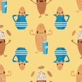 Kawaii almond milk vector seamless pattern background. Cute nut characters drinking from glasses and jugs on yellow backdrop. All
