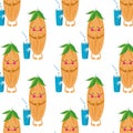 Kawaii almond milk vector seamless pattern background. Happy nut cartoon with glass and straw on white backdrop. Cute