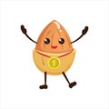 Kawaii almond with winner medal. Cartoon illustration of an athlete nut. Fitness food