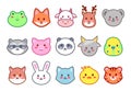 Kawaii animals. Cute zoo faces, smiling animal heads cartoon vector Illustration set Royalty Free Stock Photo