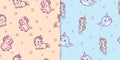 Kawaii anime animals seamless pattern. Cute zebras with red spots and rainbow mane small pink funny unicorn.