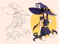 Kawaii anime girl witch, line art ,vector illustration