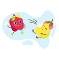 Kawaii apple and pear playing snowballs. Funny winter mascots. Cute fruit characters on vacation. Active outdoor games. Christmas