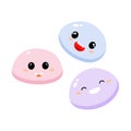 Kawaii Asian food cute Dango dessert with three different colors with big eyes and emotions. Dango vector illustration on white