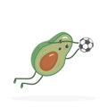 Kawaii avocado catches a soccer ball in a jump. Food. Green fruit plays football. Falls down. Sports goalkeeper. White