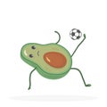 Kawaii avocado hits a soccer ball in a jump. Food. Green fruit plays football. Falls down. White background. Vector