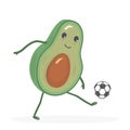 Kawaii avocado hits the soccer ball, stuffs on the leg. Food. Green fruit plays football. White background. Vector