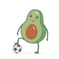 Kawaii avocado plays football. Food. Green fruit stands, put his foot on a soccer ball. Sport. White background. Vector