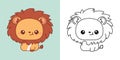 Kawaii Baby Lion Clipart Multicolored and Black and White. Cute Kawaii Animal. Isolated Vector Illustration of a Kawaii