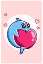 Kawaii baby shark with love in valentine day cartoon illustration