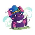 Kawaii bat wizard casts a spell with a magic wand, there is magic dust around