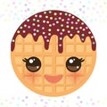 Kawaii Belgium round waffles with pink cheeks and eyes, pastel colors on white background. Vector