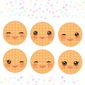 Kawaii Belgium round waffles set with pink cheeks and winking eyes, pastel colors on white background. Vector