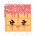 Kawaii Belgium square waffles with pink cheeks and eyes, pastel colors on white background. Vector