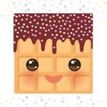 Kawaii Belgium square waffles with pink cheeks and eyes, pastel colors on white background. Vector