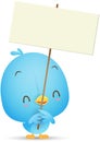 Kawaii Blue Bird holding blank sign Royalty Free Stock Photo