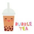 Kawaii Bubble Tea with fruits and berries. Milk Cocktails in plastic cup, tubule. Cocktail. pastel colors on white background. Vec