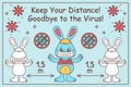 Kawaii Bunny Keep Social Distance. Coronavirus Prevention Kids Information on Blue Background.