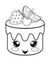 Kawaii cake with a cute smiling face. Cupcake - face with icing, strawberries, lemon and cherry. Vector linear picture for colorin