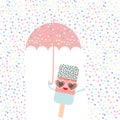 Kawaii cartoon blue ice cream with sunglasses and eyes, ice lolly holding an pink umbrella, pastel colors on white sprinkles rain