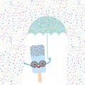 Kawaii cartoon blue ice cream with sunglasses and eyes, ice lolly holding an turquoise umbrella pastel colors on white sprinkles