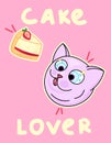 Kawaii cartoon cat love to eat cake, food delivery, tasty food, adorable smile cheerful pet