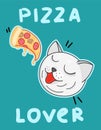 Kawaii cartoon cat love to eat pizza, food delivery, tasty food, adorable smile cheerful pet